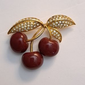 Vintage Joan Rivers Cherry Lucite Rhinestone Couture Gold tone Brooch Rare Find